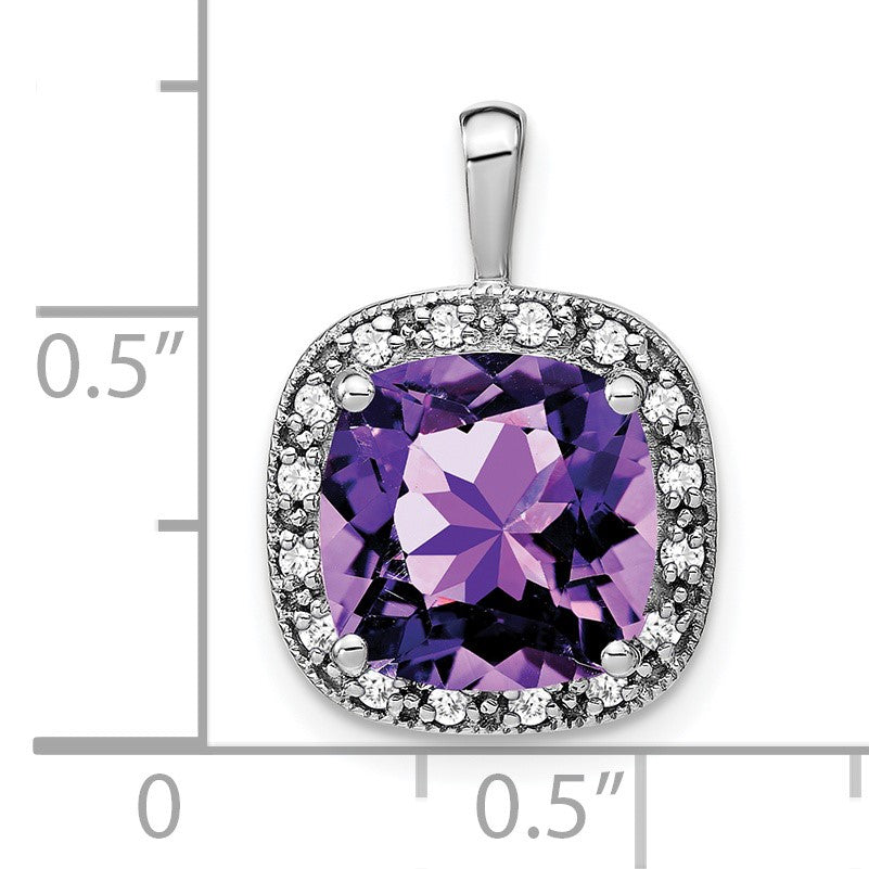 14k White Gold 10mm Cushion Amethyst and Diamond Halo Pendant