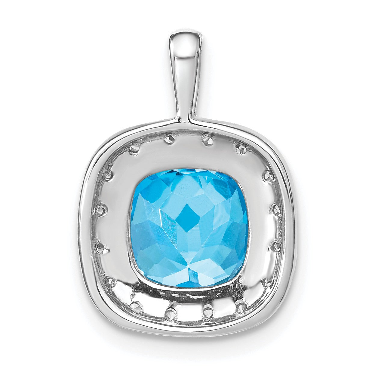 14k White Gold 10mm Cushion Blue Topaz and Diamond Halo Pendant