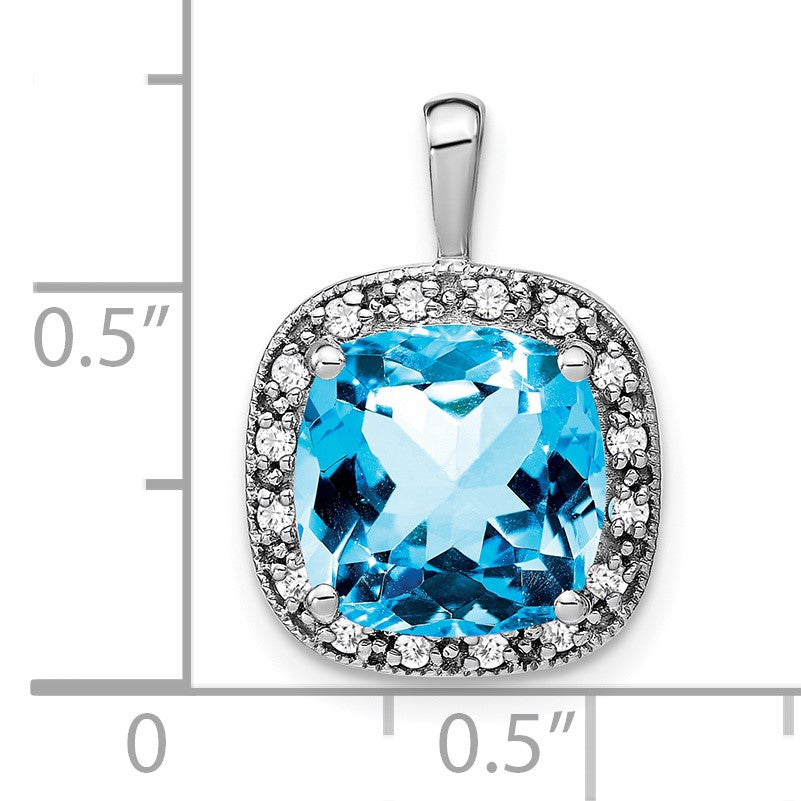 14k White Gold 10mm Cushion Blue Topaz and Diamond Halo Pendant
