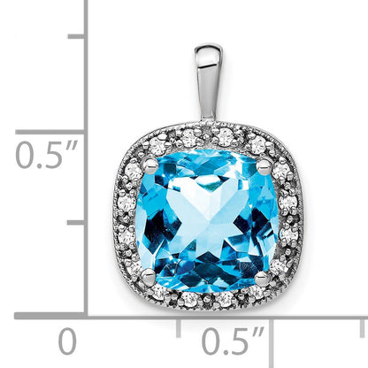 14k White Gold 10mm Cushion Blue Topaz and Diamond Halo Pendant