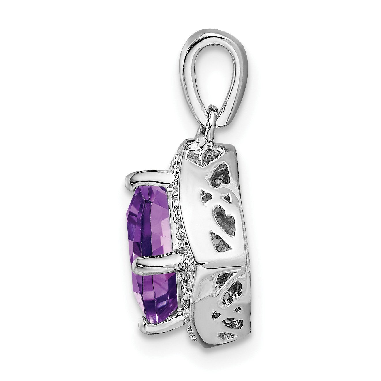 14k White Gold 7mm Cushion Amethyst and Diamond Halo Pendant