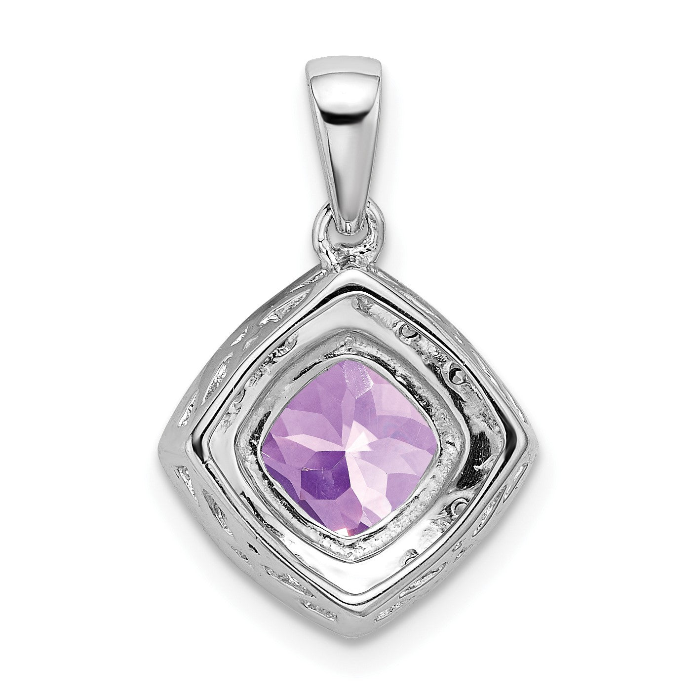 14k White Gold 7mm Cushion Amethyst and Diamond Halo Pendant