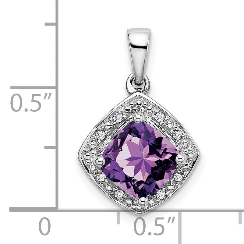 14k White Gold 7mm Cushion Amethyst and Diamond Halo Pendant