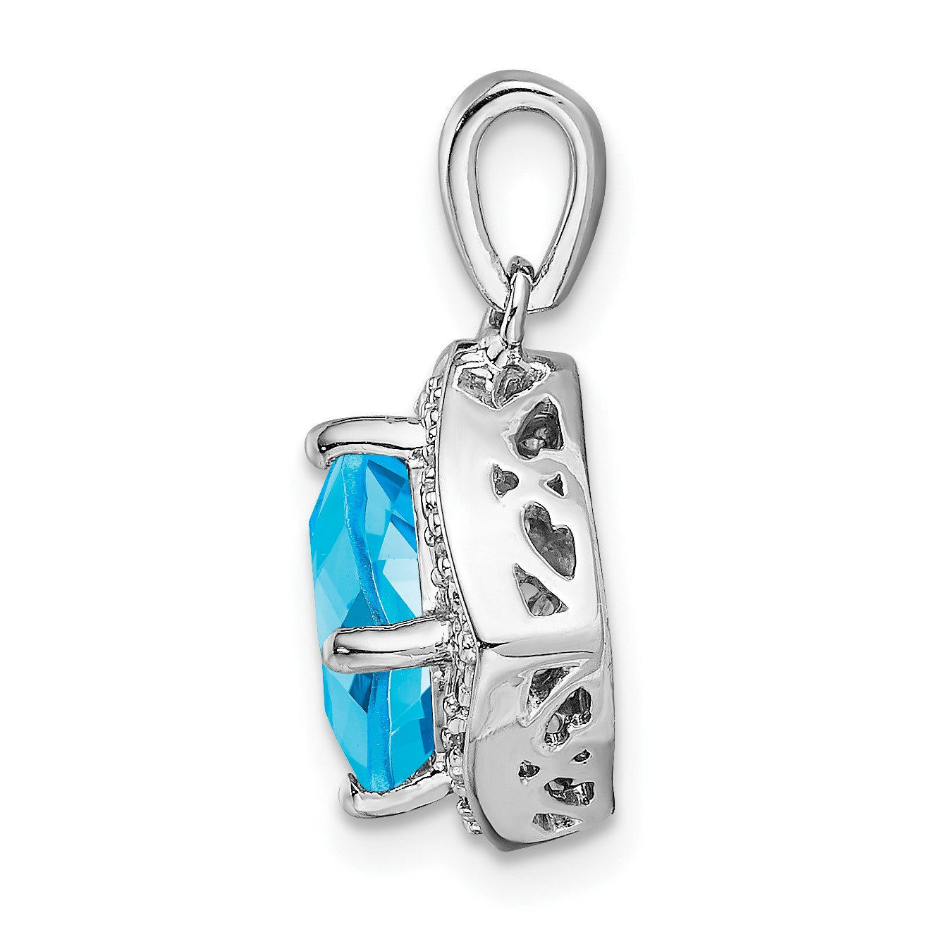 14k White Gold 7mm Cushion Blue Topaz and Diamond Halo Pendant