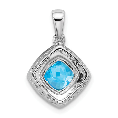 14k White Gold 7mm Cushion Blue Topaz and Diamond Halo Pendant