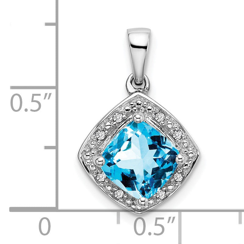 14k White Gold 7mm Cushion Blue Topaz and Diamond Halo Pendant