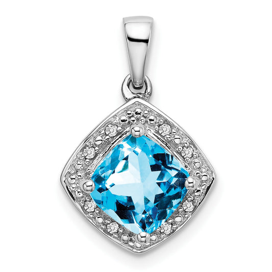 14k White Gold 7mm Cushion Blue Topaz and Diamond Halo Pendant