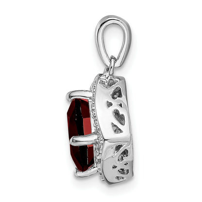14k White Gold 7mm Cushion Garnet and Diamond Halo Pendant