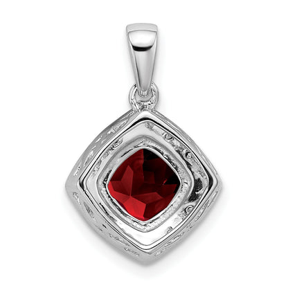 14k White Gold 7mm Cushion Garnet and Diamond Halo Pendant