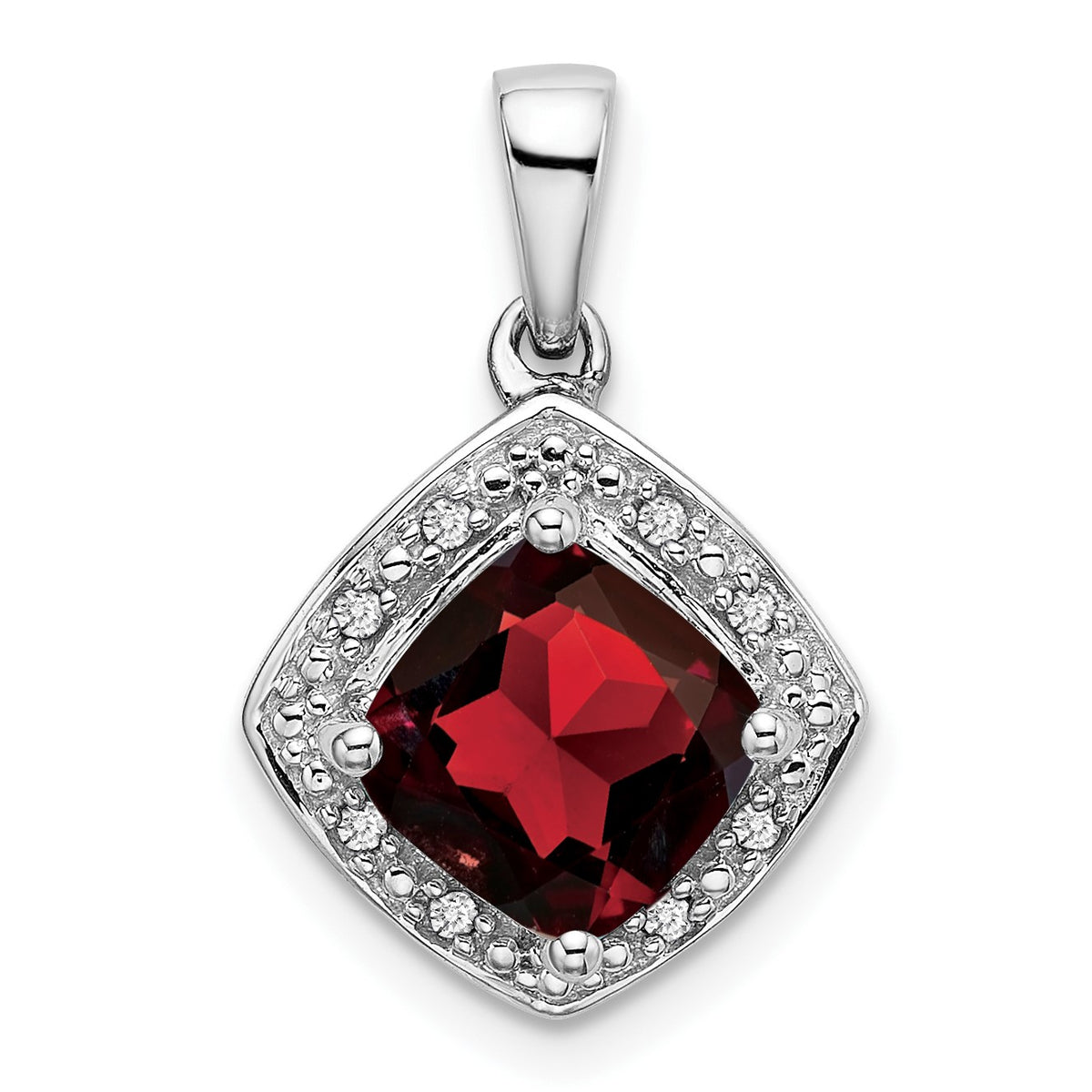 14k White Gold 7mm Cushion Garnet and Diamond Halo Pendant