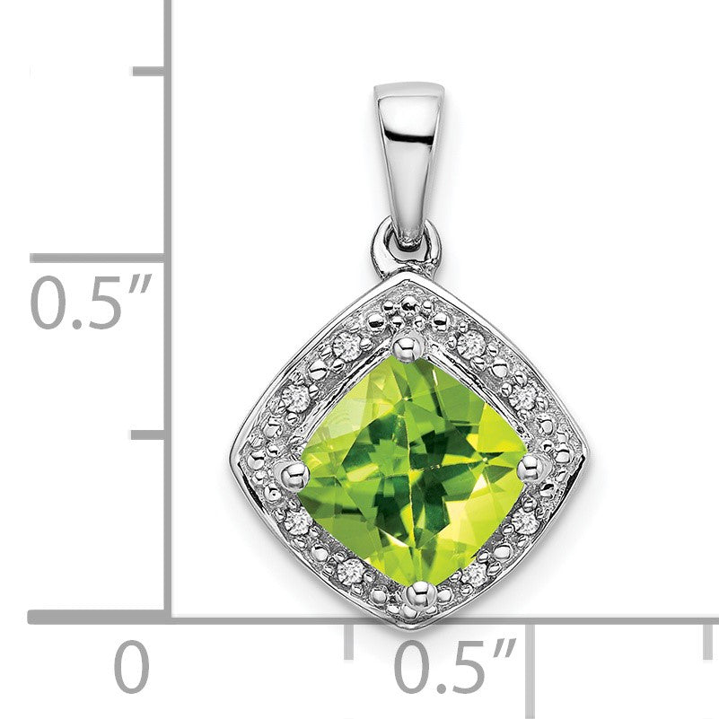 14k White Gold 7mm Cushion Peridot and Diamond Halo Pendant