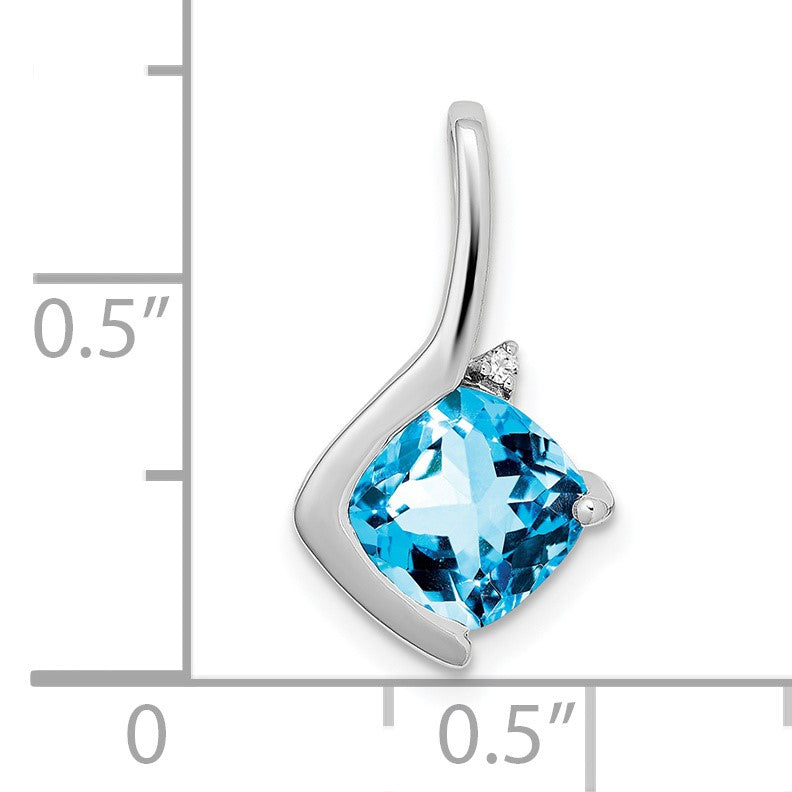 14k White Gold 7mm Cushion Blue Topaz and Diamond Pendant