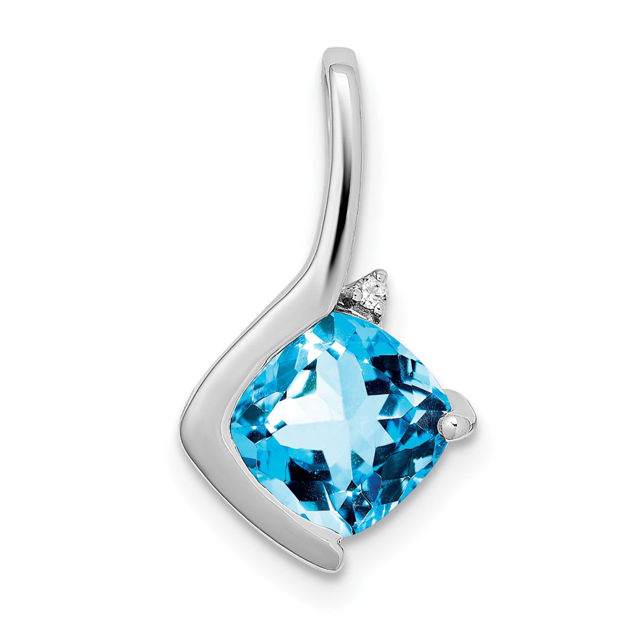 14k White Gold 7mm Cushion Blue Topaz and Diamond Pendant