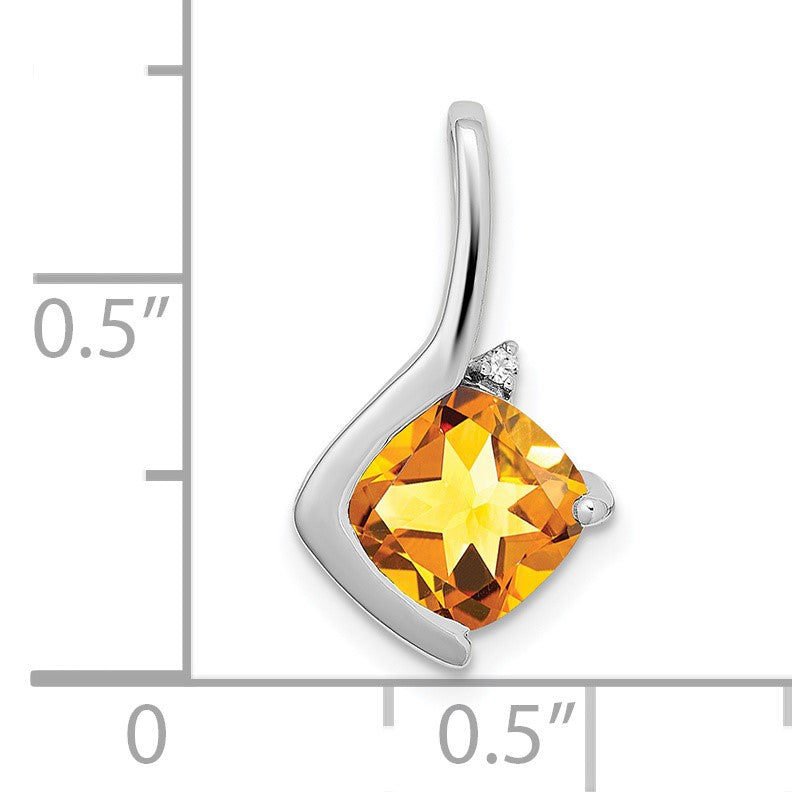 14k White Gold 7mm Cushion Citrine and Diamond Pendant