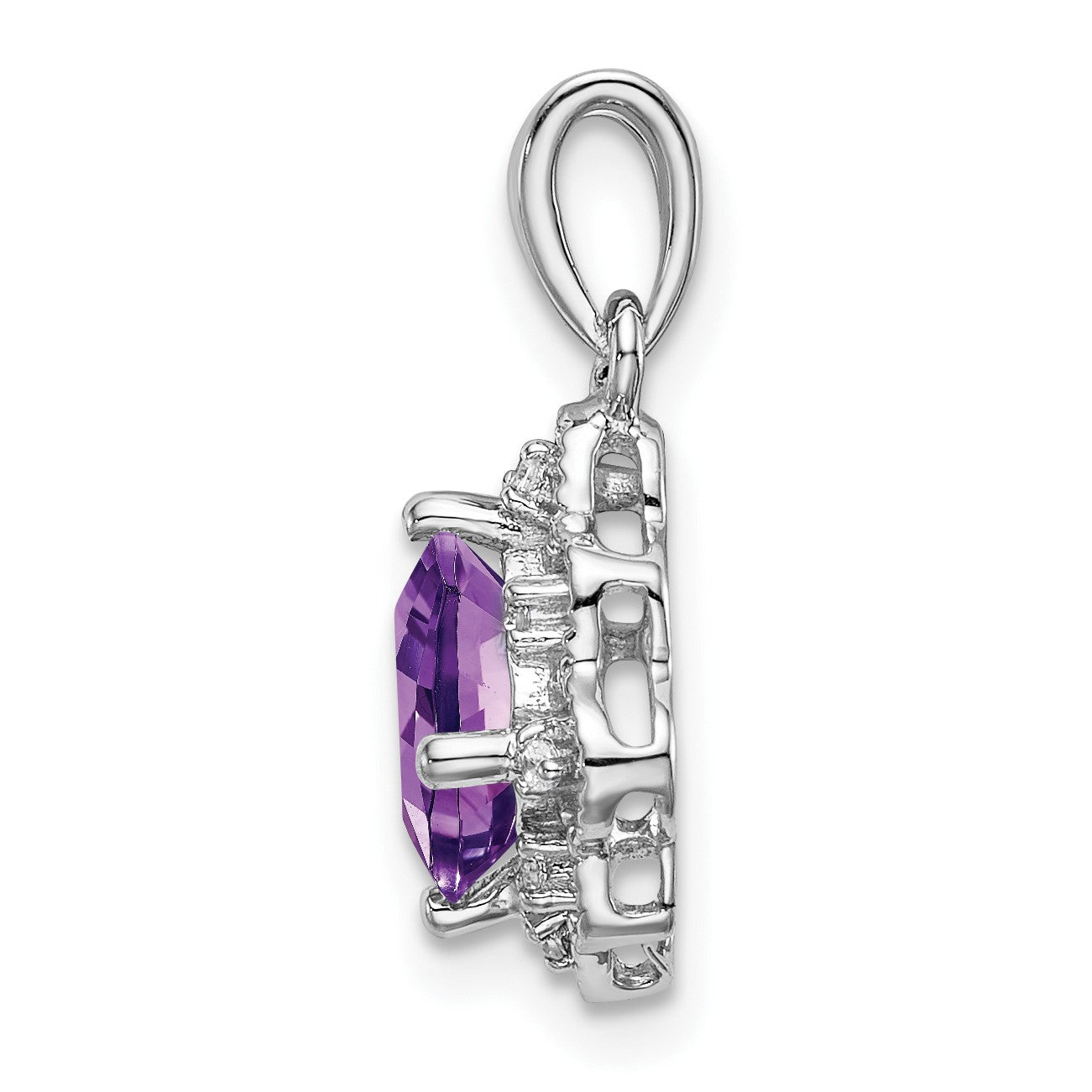 14k White Gold 7mm Cushion Amethyst and Diamond Scalloped Pendant