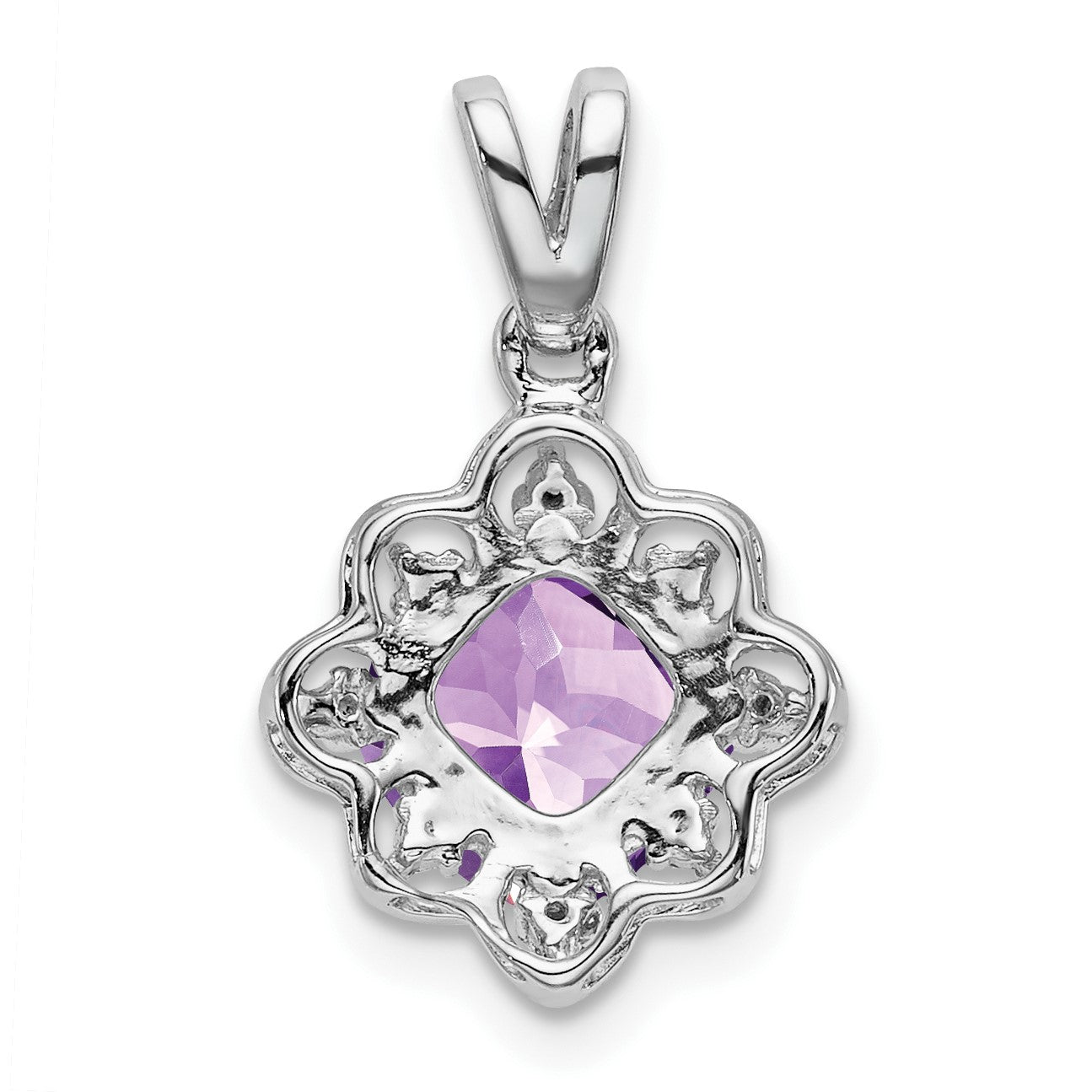 14k White Gold 7mm Cushion Amethyst and Diamond Scalloped Pendant
