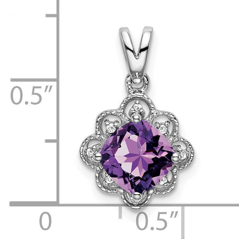 14k White Gold 7mm Cushion Amethyst and Diamond Scalloped Pendant
