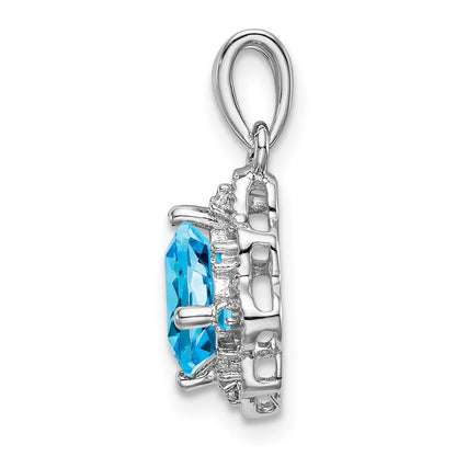 14k White Gold 7mm Cushion Blue Topaz and Diamond Scalloped Pendant