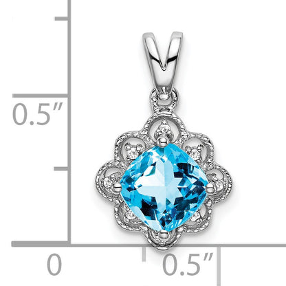14k White Gold 7mm Cushion Blue Topaz and Diamond Scalloped Pendant