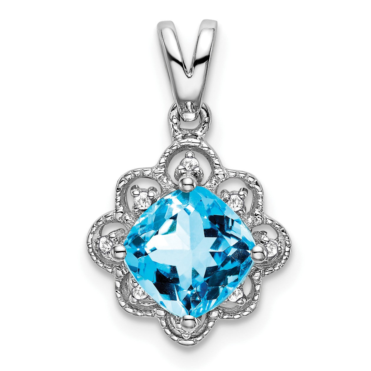 14k White Gold 7mm Cushion Blue Topaz and Diamond Scalloped Pendant