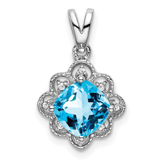 14k White Gold 7mm Cushion Blue Topaz and Diamond Scalloped Pendant