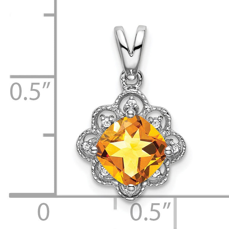 14k White Gold 7mm Cushion Citrine and Diamond Scalloped Pendant