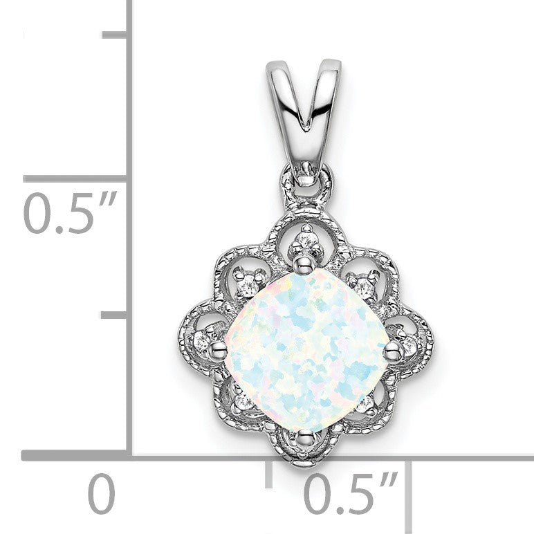 14k White Gold Lab Created Opal and Diamond Scalloped Pendant