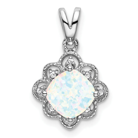 14k White Gold Lab Created Opal and Diamond Scalloped Pendant