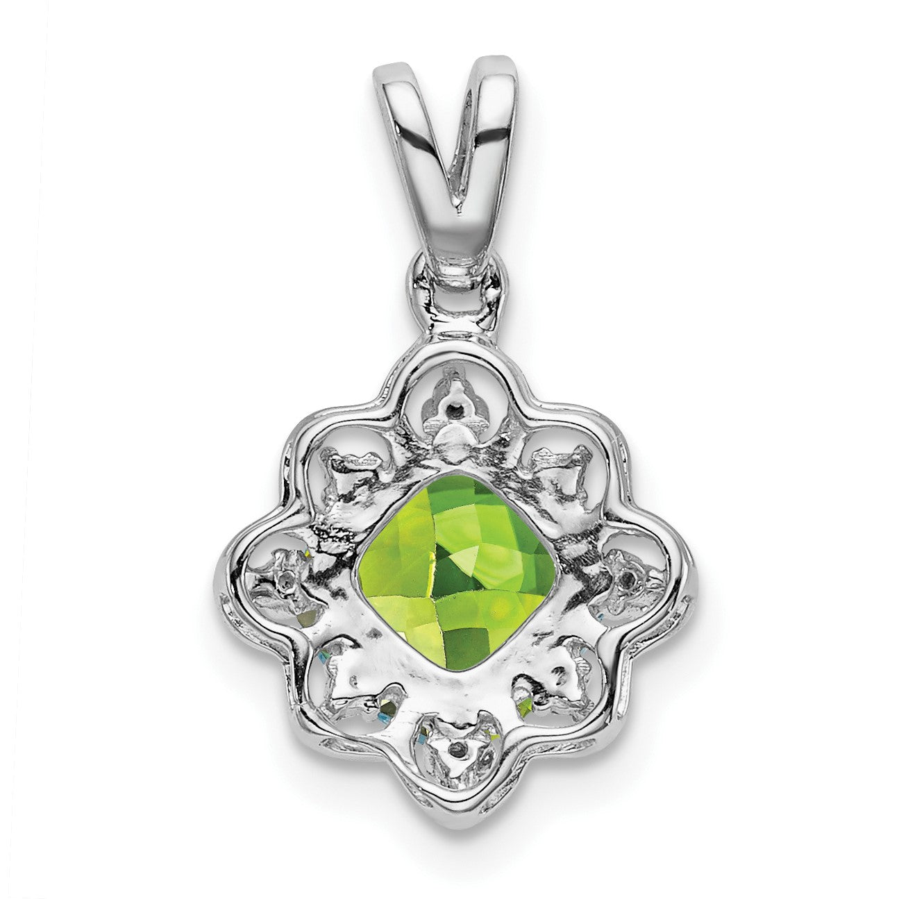14k White Gold 7mm Cushion Peridot and Diamond Scalloped Pendant