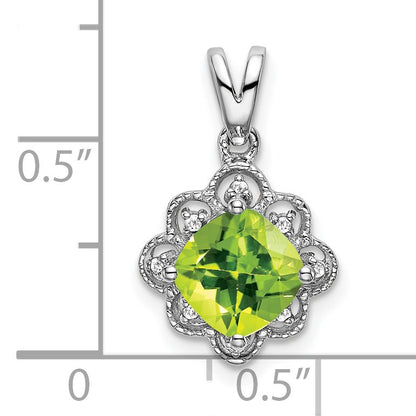 14k White Gold 7mm Cushion Peridot and Diamond Scalloped Pendant