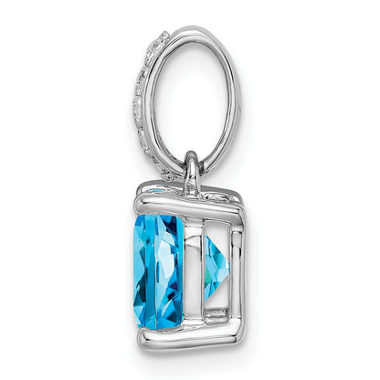 14k White Gold 8mm Cushion Blue Topaz and Diamond Pendant