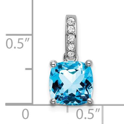 14k White Gold 8mm Cushion Blue Topaz and Diamond Pendant