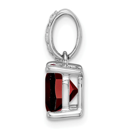 14k White Gold 8mm Cushion Garnet and Diamond Pendant