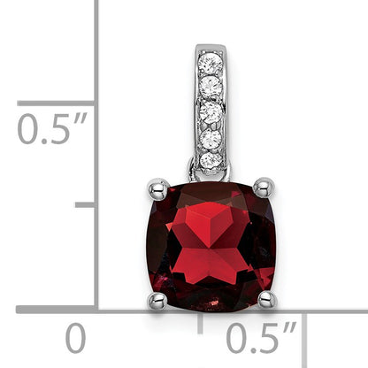 14k White Gold 8mm Cushion Garnet and Diamond Pendant