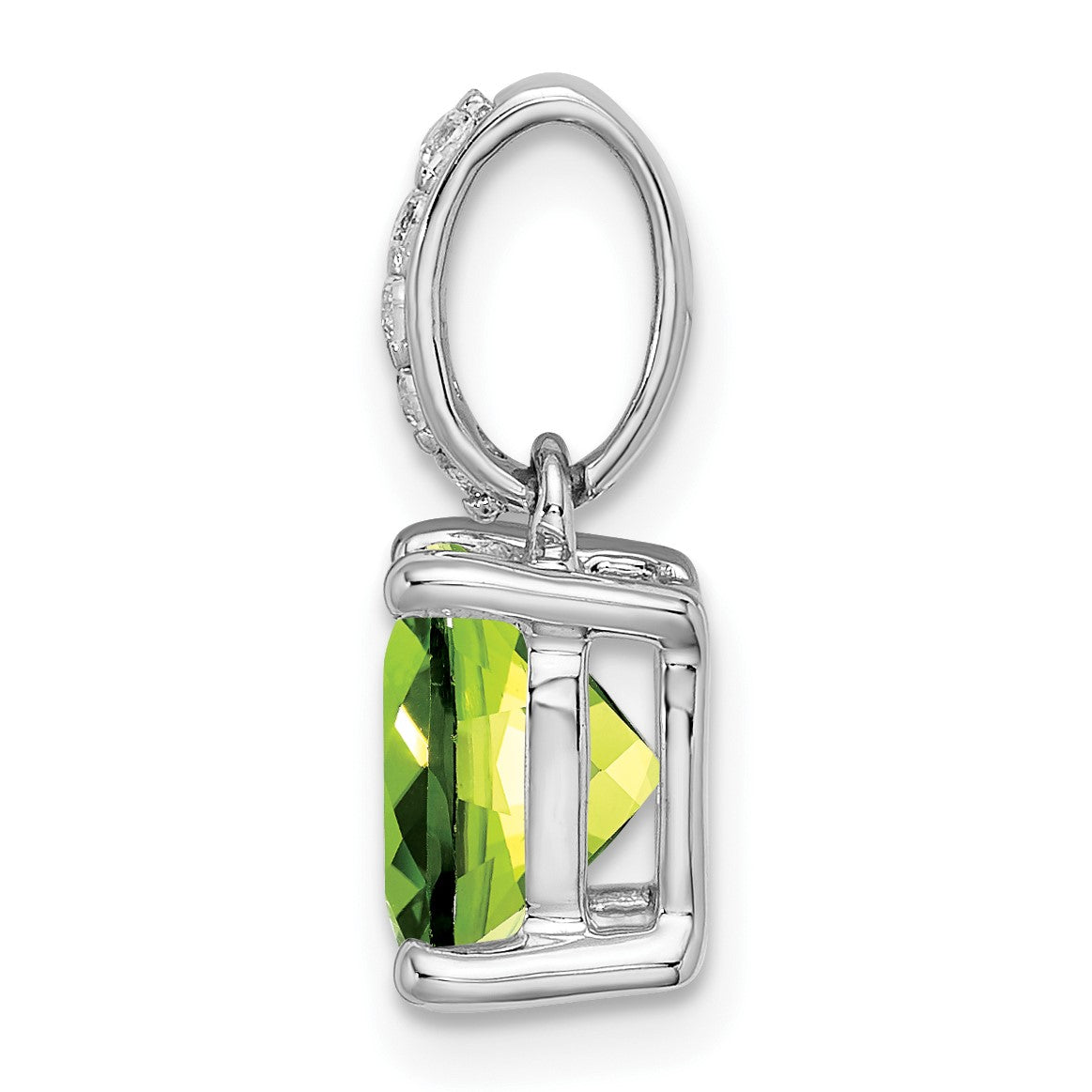 14k White Gold 8mm Cushion Peridot and Diamond Pendant