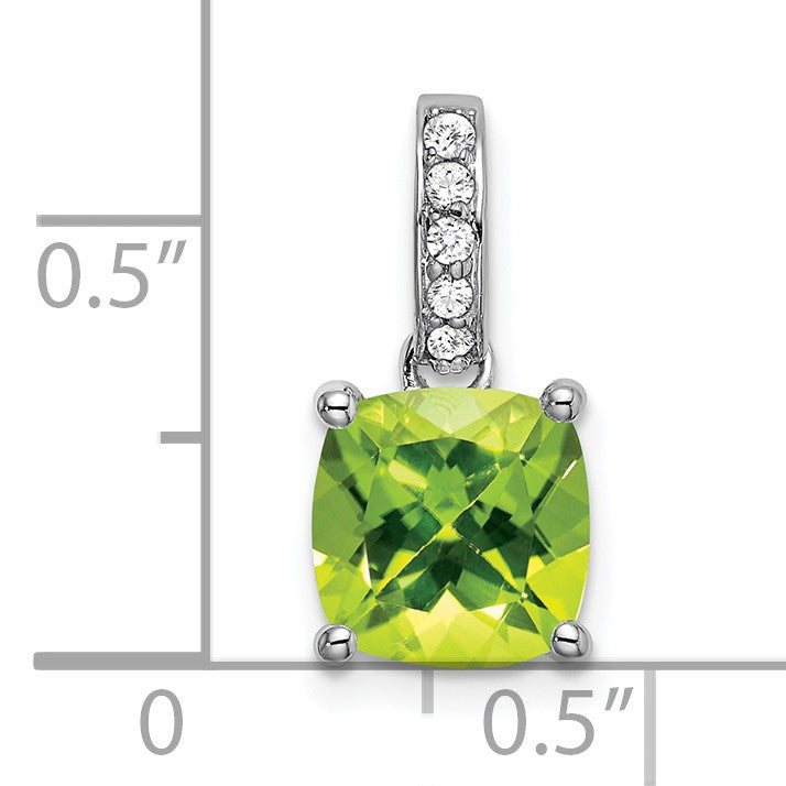 14k White Gold 8mm Cushion Peridot and Diamond Pendant