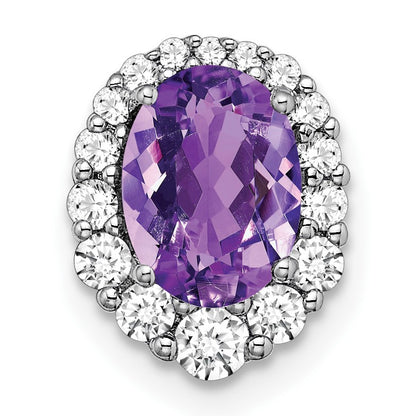 14k White Gold 8x6mm Oval Amethyst and Diamond Halo Chain Slide