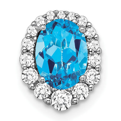 14k White Gold 8x6mm Oval Blue Topaz and Diamond Halo Chain Slide