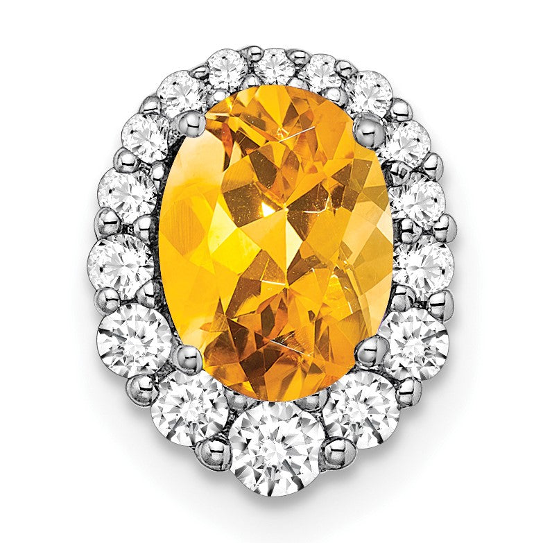 14k White Gold 8x6mm Oval Citrine and Diamond Halo Chain Slide