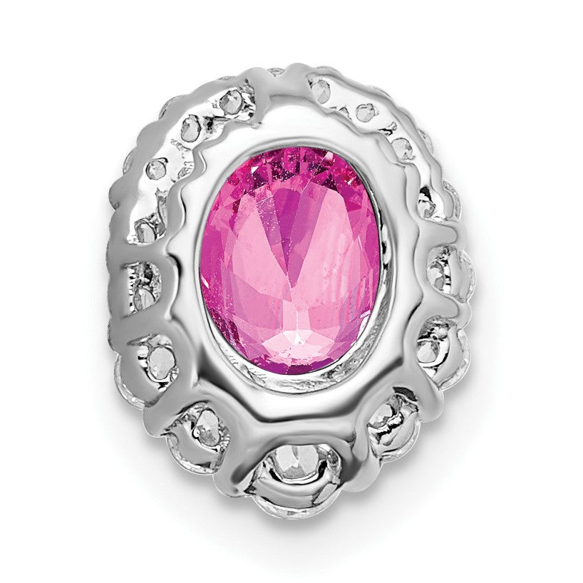 14k White Gold Oval Lab Created Pink Sapphire and Diamond Halo Chain Slide
