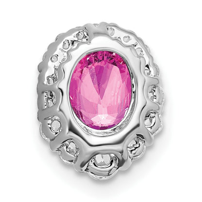 14k White Gold Oval Lab Created Pink Sapphire and Diamond Halo Chain Slide