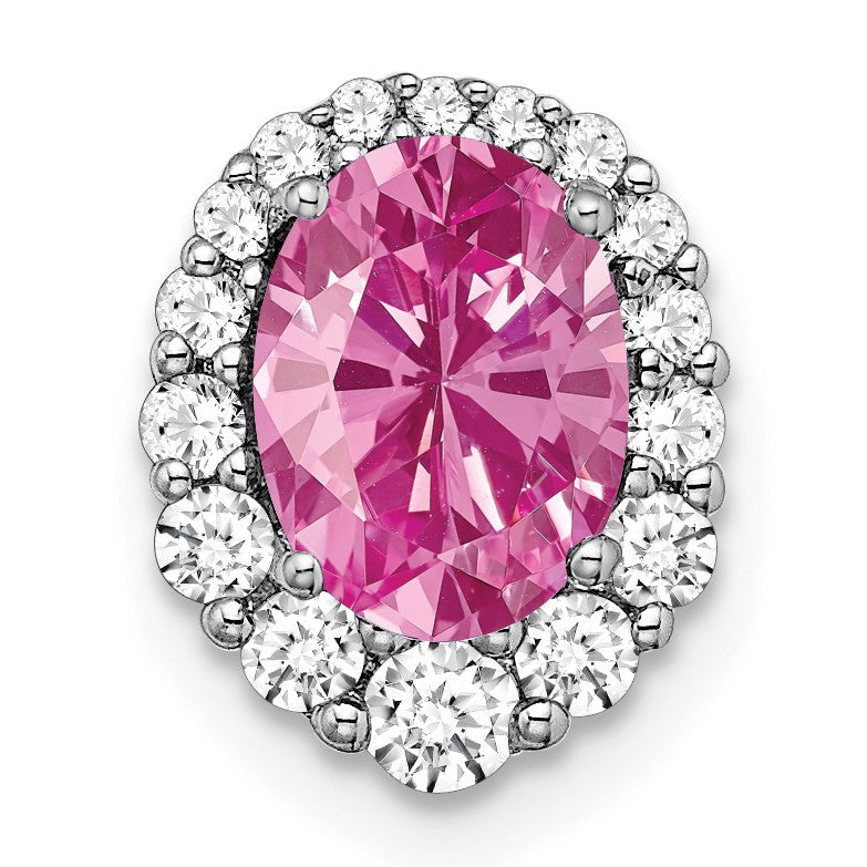 14k White Gold Oval Lab Created Pink Sapphire and Diamond Halo Chain Slide