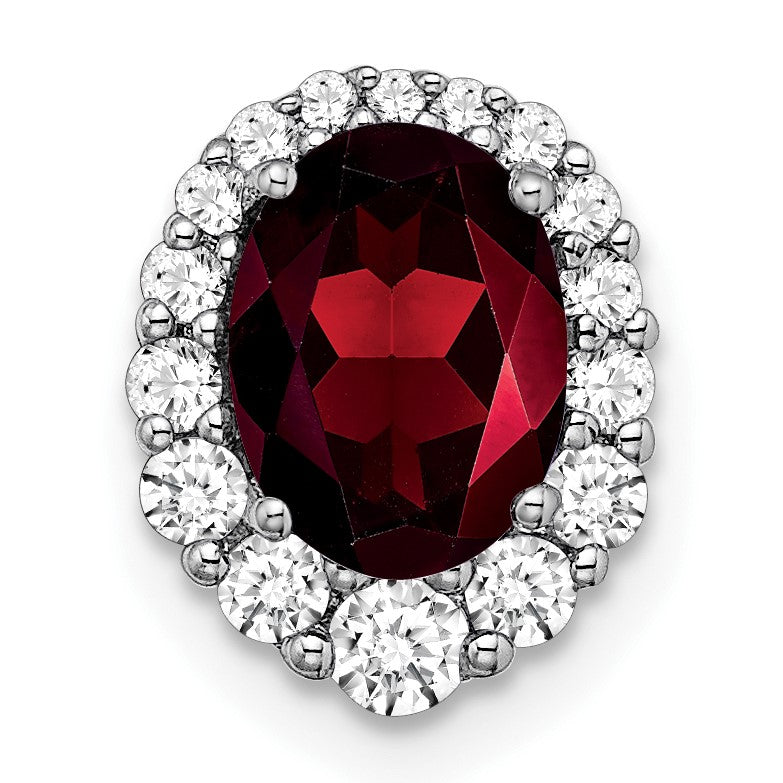 14k White Gold 8x6mm Oval Garnet and Diamond Halo Chain Slide