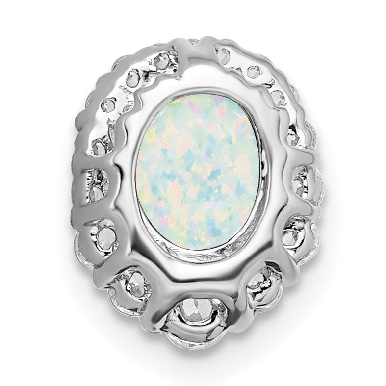 14k White Gold Oval Lab Created Opal and Diamond Halo Chain Slide