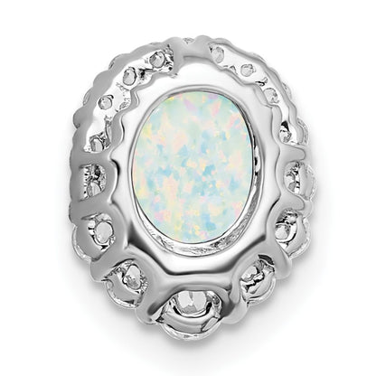 14k White Gold Oval Lab Created Opal and Diamond Halo Chain Slide