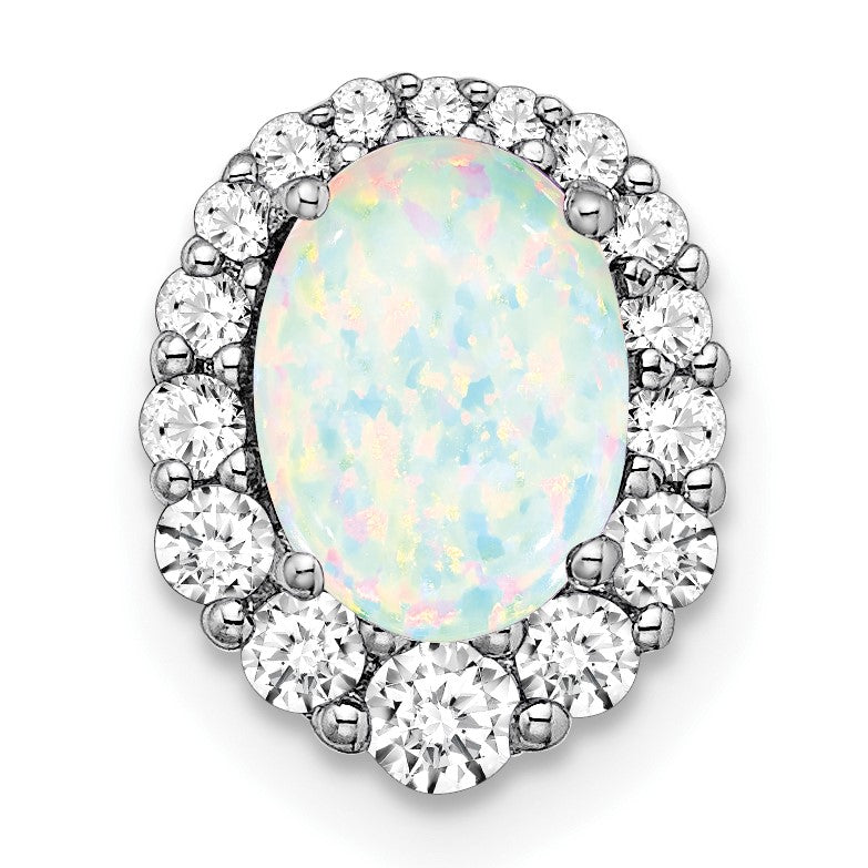 14k White Gold Oval Lab Created Opal and Diamond Halo Chain Slide