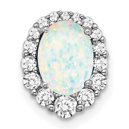 14k White Gold Oval Lab Created Opal and Diamond Halo Chain Slide