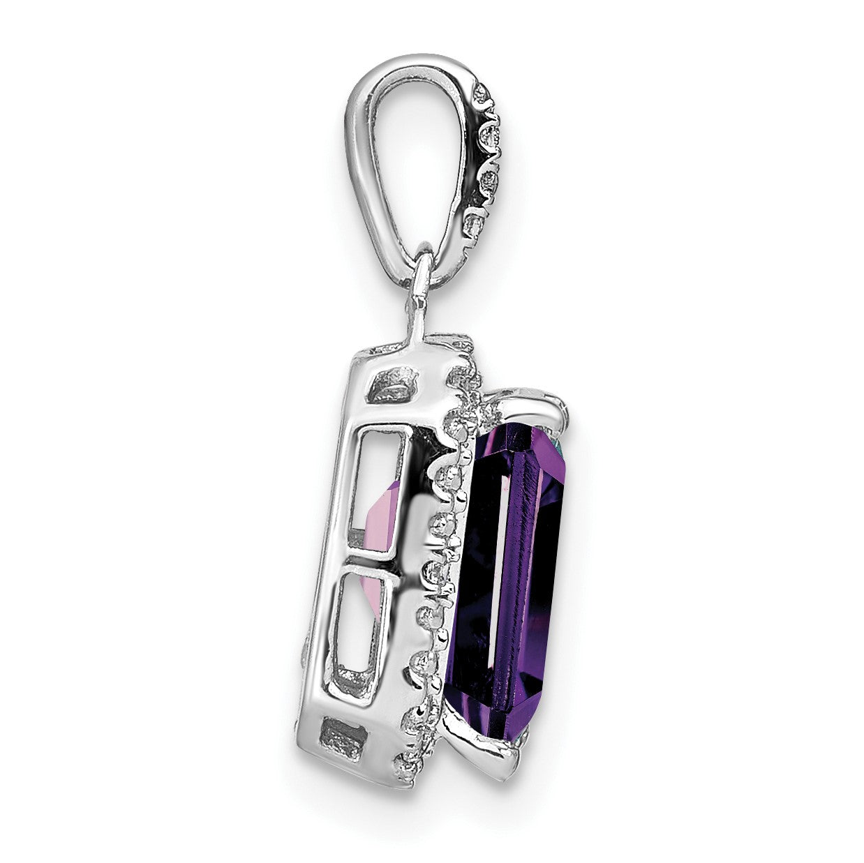 14k White Gold 9x7mm Emerald-cut Amethyst and Diamond Halo Pendant