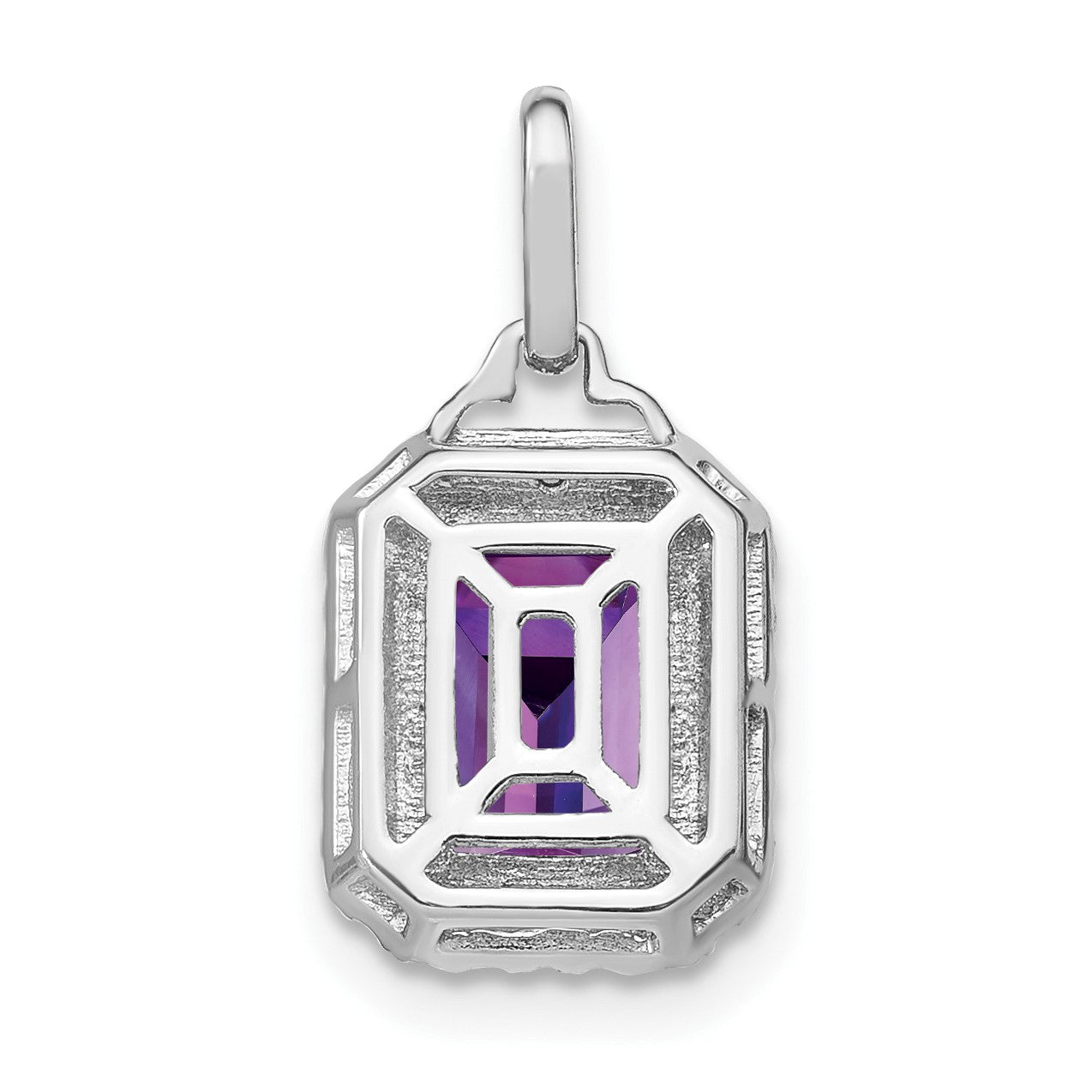 14k White Gold 9x7mm Emerald-cut Amethyst and Diamond Halo Pendant