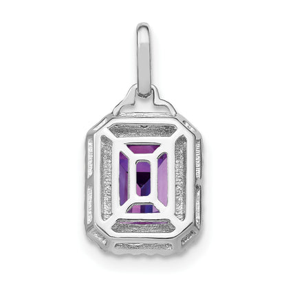14k White Gold 9x7mm Emerald-cut Amethyst and Diamond Halo Pendant